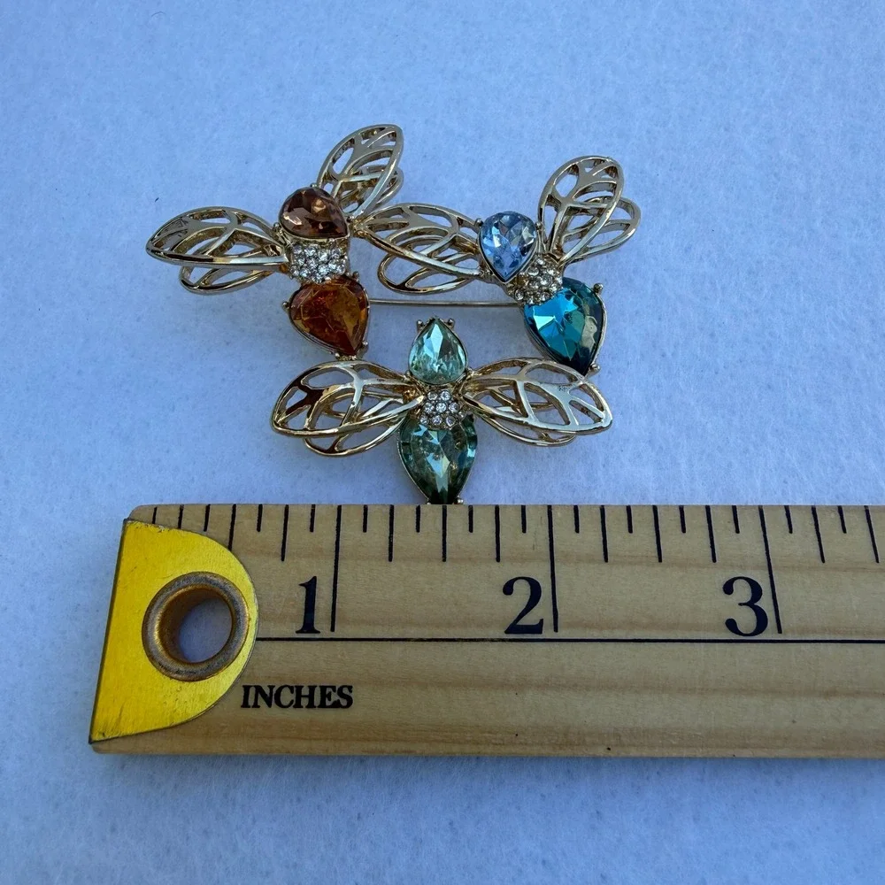 Large Triple Dragonfly Brooch Gold Tone Multicolor Rhinestone Statement Pin